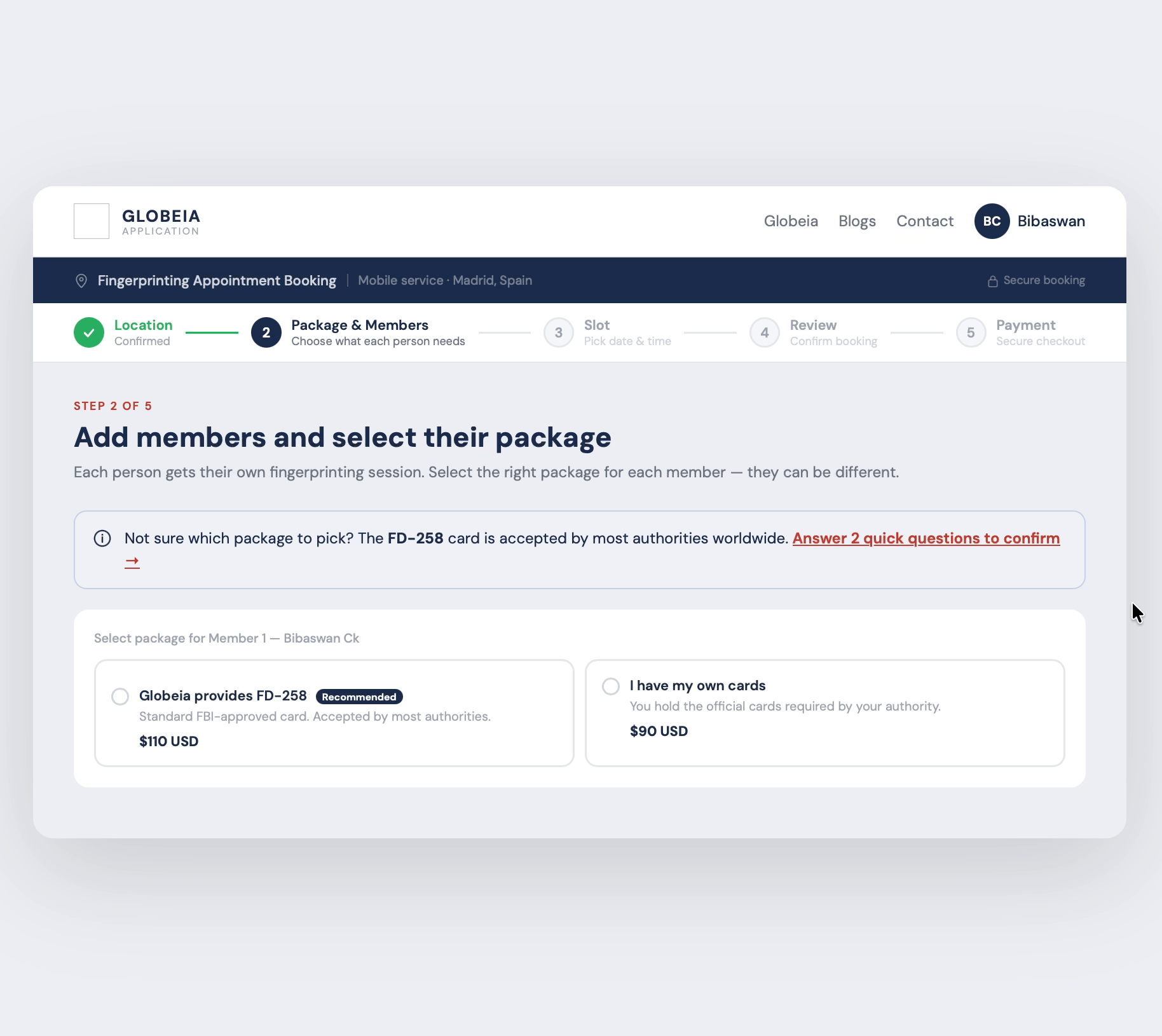 AI Package Assistant interaction — two questions to recommendation