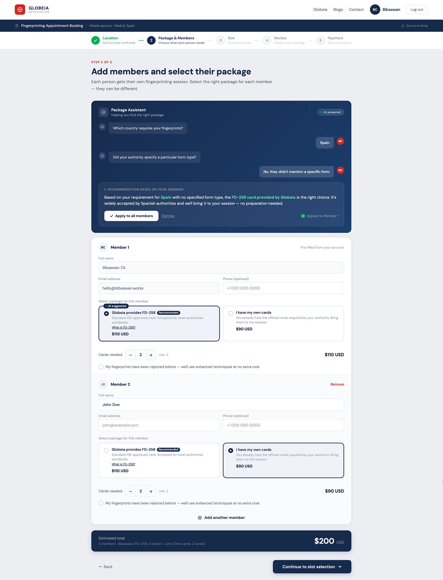 Package screen with AI assistant open showing recommendation
