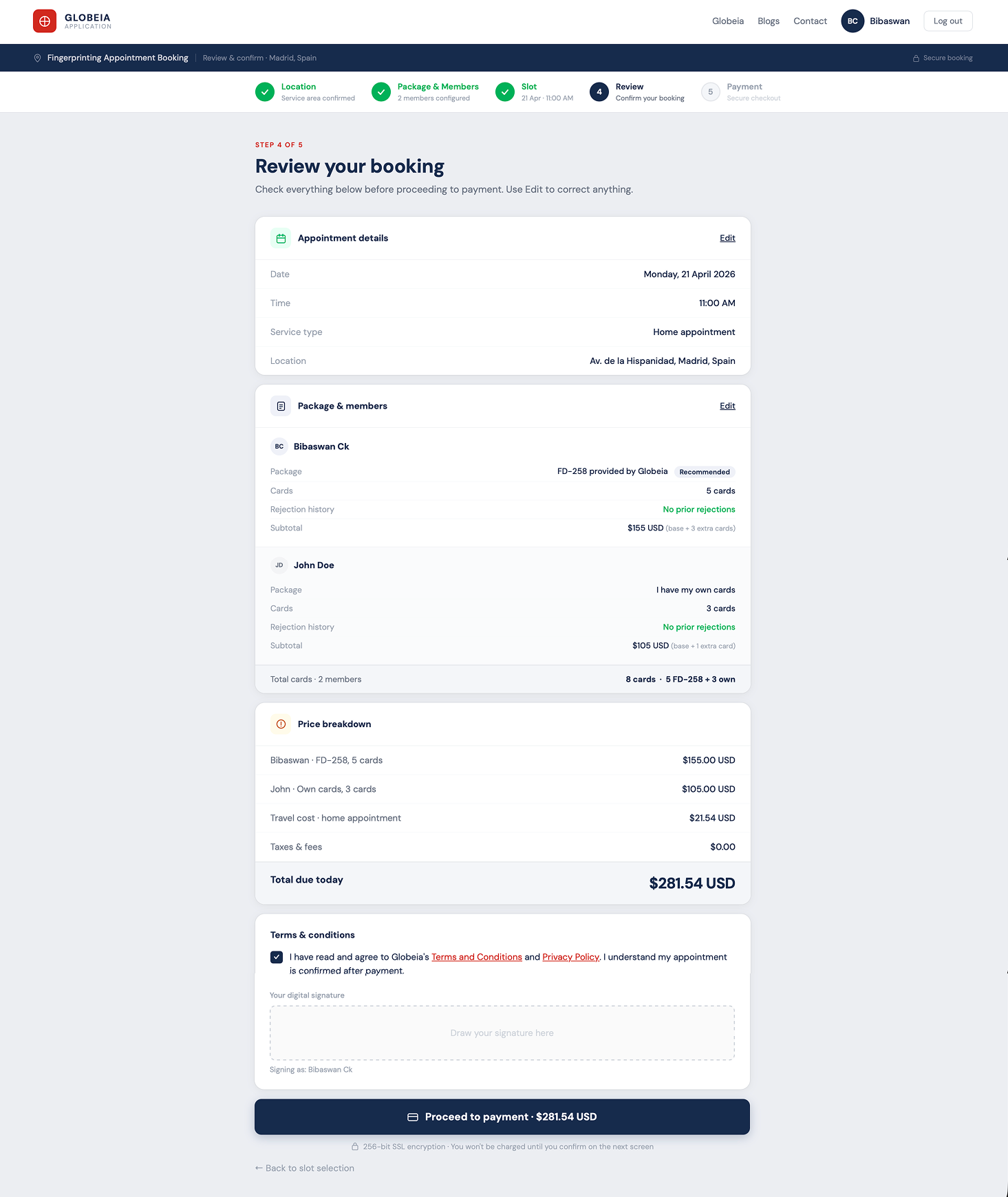 Redesigned review screen with per-member breakdown and inline T&C